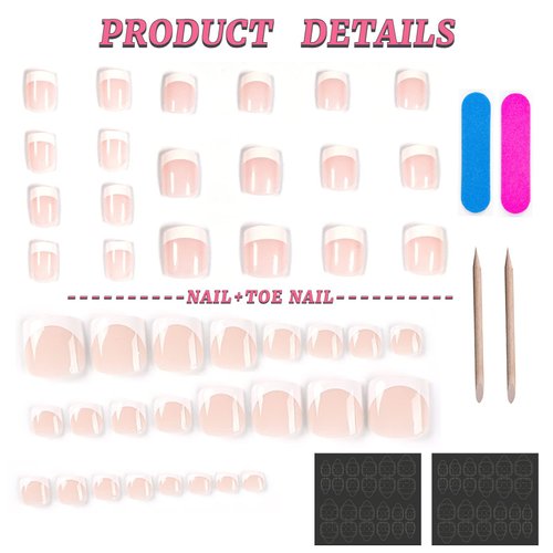 48Pcs French Tip Press on Nails Toenails Acrylic Manicure Kit Medium Fake Nails Full Cover White Stick on Nails Square Summer Pink Toe Nails for Women (White A)