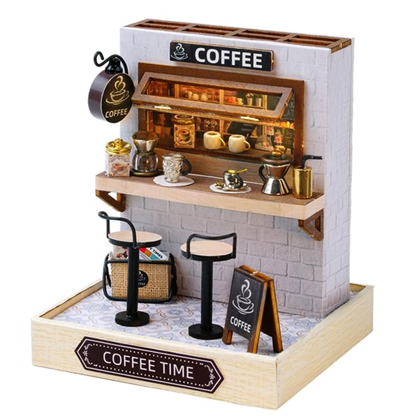 Kisoy Dollhouse Miniature with Furniture Kit, DIY 3D Wooden DIY House Kit with Dust Cover,Handmade Tiny House Toys for Teens Adults Gift (Coffee Time)
