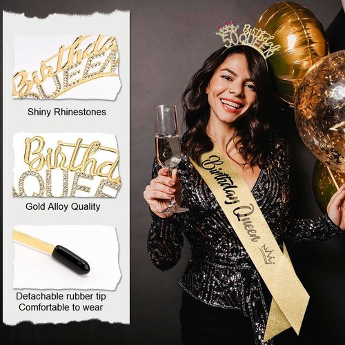 50th Birthday Decorations Women Birthday Headband,50 Birthday Queen Sash and Crown,50th Birthday Crown and Sash,50th Birthday Tiara,50th Birthday Gifts for Women,Happy 50th Birthday Party Decorations