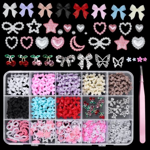 3D Nail Bows Charms and Flatback Pearls, 8 Colors Bow + Color Star Heart Moon Pearl Nail Charms + Blossom Flower Nail Cherry Butterfly Gems Charms for Nail Art Decoration with Pickup Tools