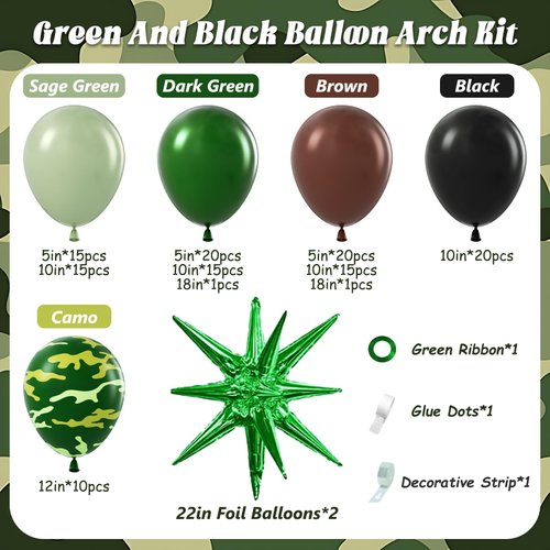 137pcs Camo Balloon Arch Garland Kit, Green and Brown Balloon Arch kit with Dark Green Brown Sage Green Black Foil Balloons for Jungle Hunting Camo Birthday Party Decorations