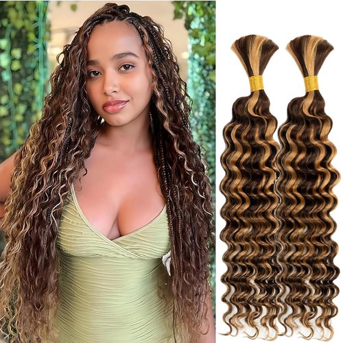 Human Braiding Hair 24 Inch Deep Wave Bulk P4/27 Human Hair for Braiding No Weft 2 Bundles 100g Curly Human Hair for Boho Braids 100% Unprocessed Brazilian Virgin Hair for Human Hair Extensions