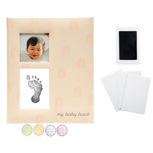 Pearhead Baby Memory Book and Clean-Touch Ink Pad, Baby Girl or Baby Boy Journal, Baby Milestone Photo Album, Blush Rainbow