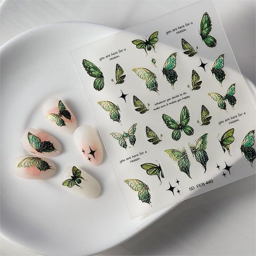 5D Green Butterfly Nail Art Stickers Decals,Star Butterfly Nail Stickers for Nail Art,Gold Mystical Vibes Butterfly Delicate Nail Art Decal Supplies for Women Salon DIY Acrylic Nails Design Decoration