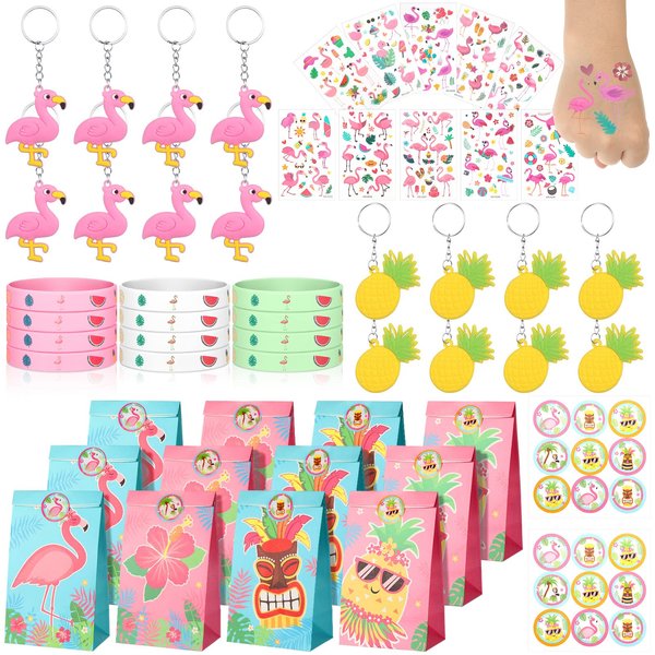 Pack of 52 Flamingo Party Favors Candy Bags with Seal Stickers Flamingo and Pineapple Keychains Flamingo Party Supplies Temporary Sticker and Pineapple Flamingo Silicone Wristbands Bracelets