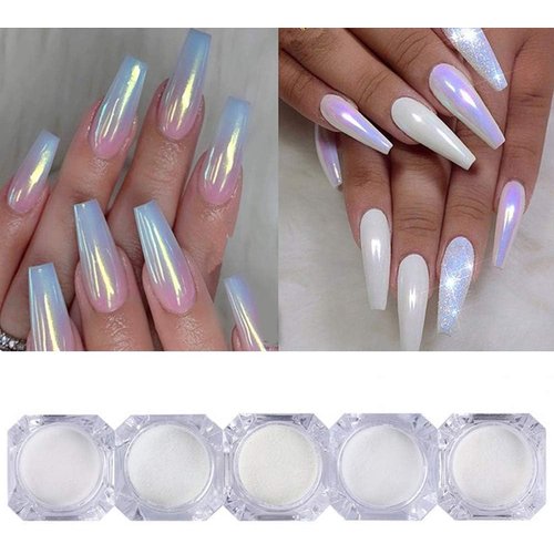 5Color Pearl Powder Nail Art Glitter Mirror Effect Chrome Pigment UV Gel Polish Shimmer Dip Dust Nail Art Decoration Nail Kit Chrome Powder for Nails (5pcs chrome nail powder)