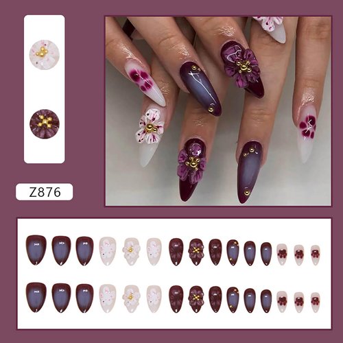 RTKHFZE Almond Fake Nails - Press on Nails Short Purple Gradient Press on False Nails with 3D Flower and Cute Cat's Paw Designs Nails Full Cover Acrylic Nails Stick on Nails for Women Manicure