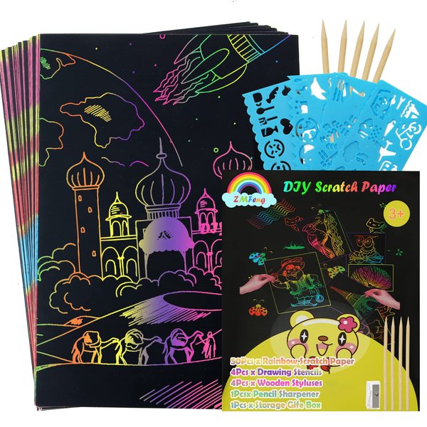 Rainbow Scratch Paper Crafts Supplies Kit 60pcs Scratch Painting Scratch Art for Kids with Wooden Stylus Scratchers Stencils