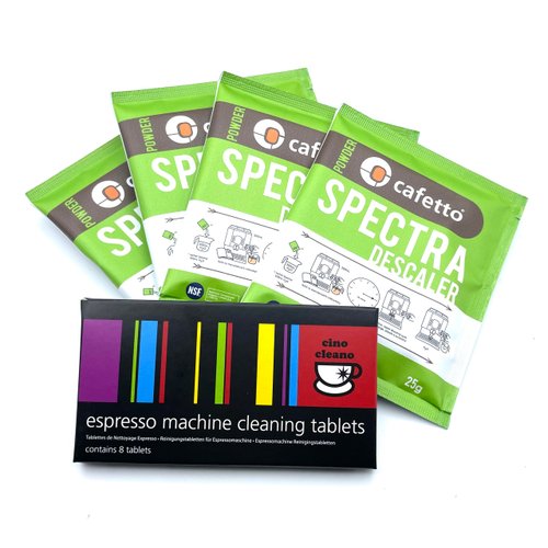 Cino Cleano Espresso Machine Cleaning and Descaling Bundle of 8 Tablets and Box of 4 Spectra Sachets for all Breville Machines