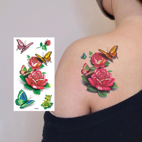 30 Sheets Flowers Temporary Tattoos Stickers for Women Adult Girls or Kids,Roses Flower Butterfly Body Art Temporary Tattoos (Colorful Flower) 561