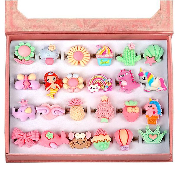 OSDUE 24 PCS Little Girl Adjustable Rings Toys, Duplicate-Free Boxed Play Rings for Kids, Girls Pretend Play and Dress Up Rings for Girls 3-12 Years Old Birthday Holiday Gifts