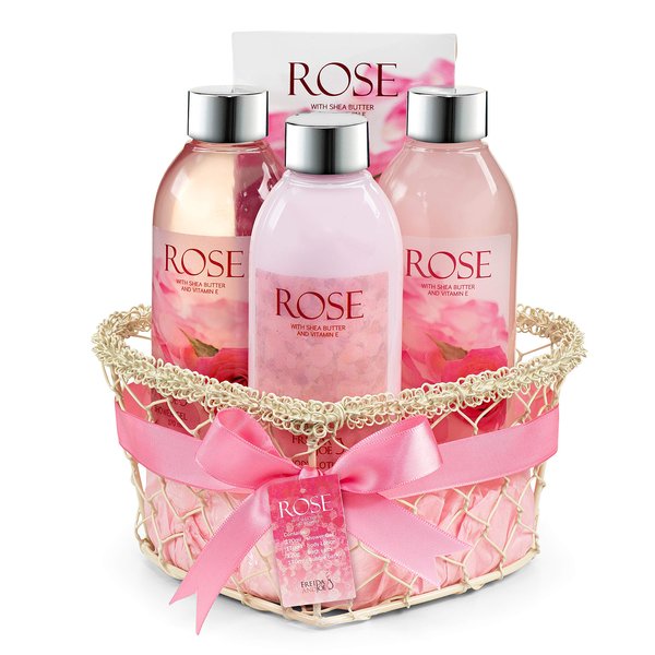 Heart Pink Rose Spa Bath and Body Gift Basket for Women with Shower Gel, Bubble Bath and Body lotion and Bath Salt Bath Gift Set
