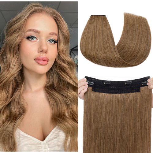 SLEEKALON Wire Hair Extensions Real Human Hair 14 Inch Brown Hidden Wire Straight Hair Extensions with Clips Adjustable Hair Wire Extension with Transparent Line Invisible Hairpiece For Women,#06,75g