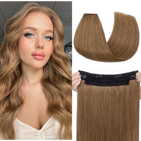 SLEEKALON Wire Hair Extensions Real Human Hair 14 Inch Brown Hidden Wire Straight Hair Extensions with Clips Adjustable Hair Wire Extension with Transparent Line Invisible Hairpiece For Women,#06,75g