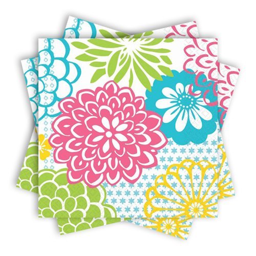 amscan Decorative Floral Fireworks Party Lunch Paper Napkins (16 Pack), 6.5 x 6.5, Multicolored