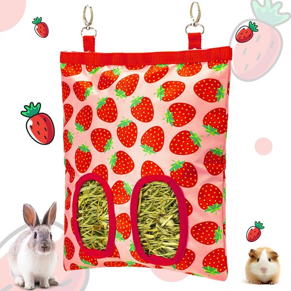 Terossy Rabbit Hay Feeder, Hanging Guinea Pig Hay Feeder Bag for Bunny Chinchilla Hamster with Back Hooks, 2 Holes, 9.8x11.4Inch