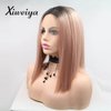 Xiweiya Short Wigs Rose Gold Straight Cut Bob Lace Front Wigs with Dark Root Middle Part Short Pink Bob Short Soft Wig Heat Resistant Fiber Hair Replacement Wig Women Drag Queen Makeup 12 inch