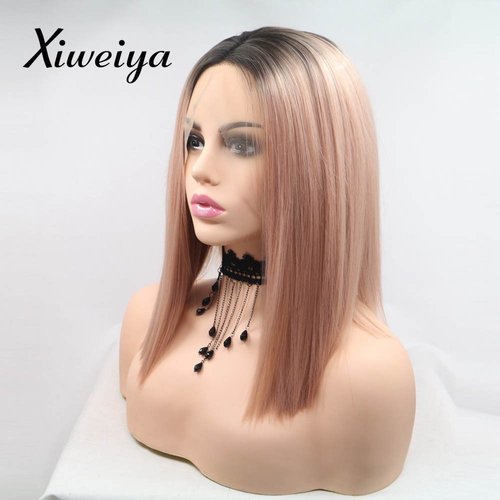 Xiweiya Short Wigs Rose Gold Straight Cut Bob Lace Front Wigs with Dark Root Middle Part Short Pink Bob Short Soft Wig Heat Resistant Fiber Hair Replacement Wig Women Drag Queen Makeup 12 inch