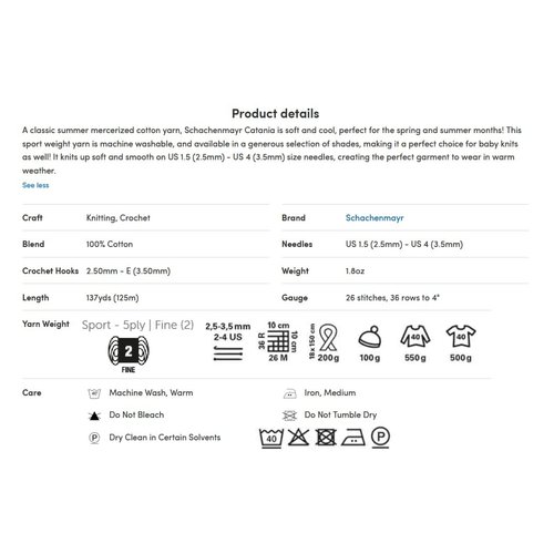 [ Set of 2 Skeins ] SMC Catania Originals 100% Mercerized Cotton Yarn, Total 3.52 Oz. Each 1.76 Oz (50g) / 136 Yrds (125 m) Amigurumi Yarn Fine-Sport 2 (106 White)