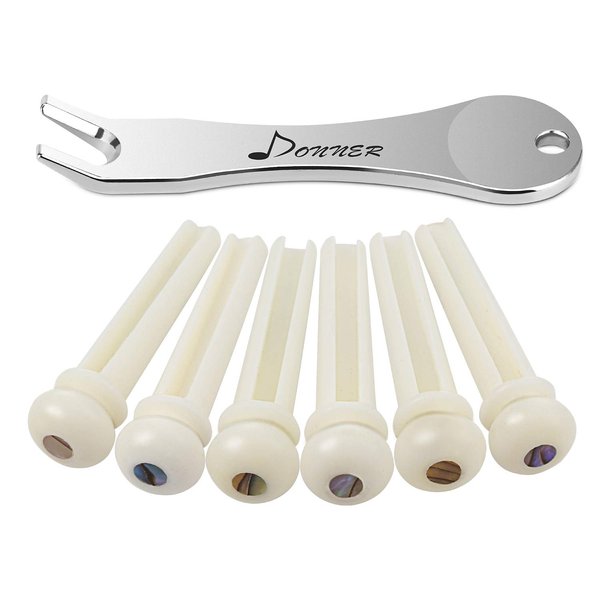 Donner Acoustic Guitar Bridge Pins, 6PCS White Bone Bridge Pins Inlaid 3mm Abalone Dot with Guitar Pins Puller and Sandpaper