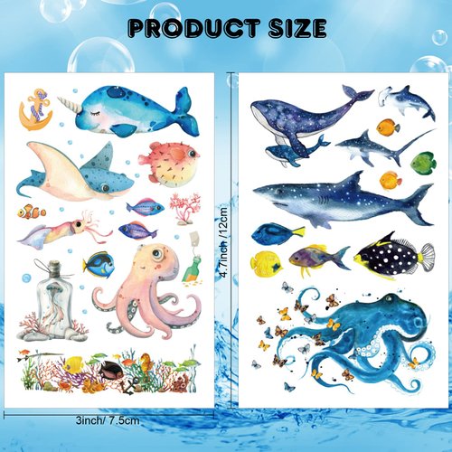 Qpout Ocean Animals Temporary Tattoos for Kids, Sea Life Fake Tattoos for Kids Party Favors, Dolphin Shark Octopus Fish Starfish Tattoo Stickers, Baby Shower Boys Girls Birthday Gifts Bags Filler