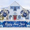 Blue Happy New Year Banner with 18pcs Balloons 2025 Glitter Blue Happy New Year Yard Banner Sign Fireworks Happy New Year Fence Banner 2025 New Year Latex Balloons for New Year Eve Party Supplies