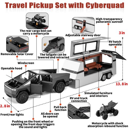 Youngyes Cybertruck Toy for Kids, Pickup Truck with RV Motorcycle Cybertquad Metal Die-cast Model Car, 1/32 Toy Truck and Trailer with Sound/Light/Pull Back, Ideal Gift for Boys Aged 6 and Up (Grey)