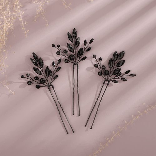 Kercisbeauty Wedding Black Crystal Hair Pins for Bride Bridal Bridesmaid Headpiece Prom Hair Accessory 3pcs