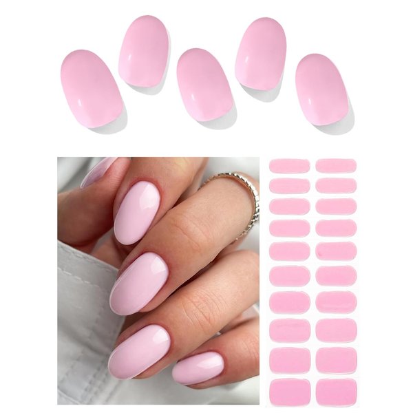 LIFOOST Gloss Gel Nail Strips Solid Pink Fully Cured Nail Polish Stickers Long Lasting Gel Nail Wraps Free Nail Lamp Light Chip Resistant