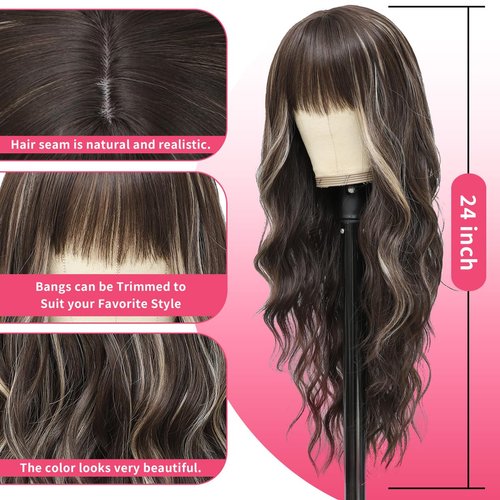 Beaurocks Brown Wigs With Bangs Long Wavy Brown Hightlight Wigs For White Women Blonde Wigs With Bangs Natural Curly Synthetic Wig for Women Daily Party Use 24inch (Brown Mixed Blonde)