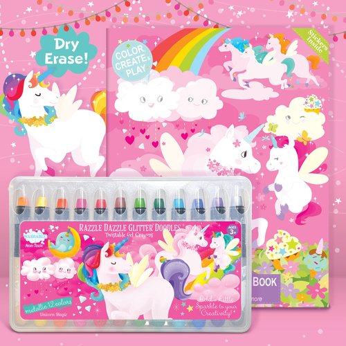 The Piggy Story Dry Erase Coloring Gift Set for Little Artists Includes Set of 12 Glitter Gel Crayons and Reusable Coloring Book with Stickers for Kids Ages 3 and Up (Unicorn Land)