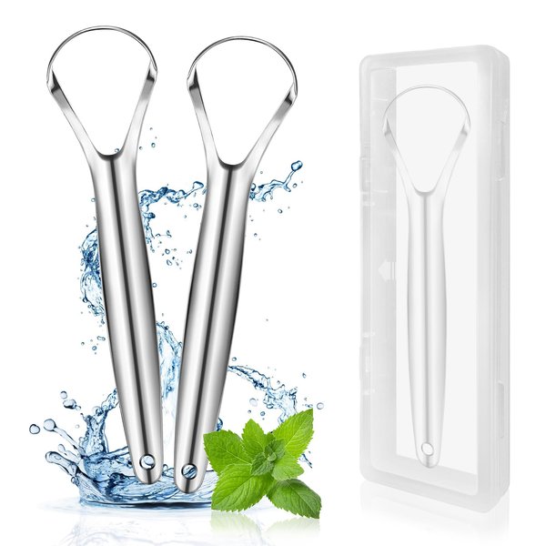 EZ COZY 2 Pack Tongue Scraper, Reduce Bad Breath, Stainless Steel Tongue Scraper for Adults, Metal Tongue Cleaner for Oral Care and Fresher Breath, Easy to Use Tongue Scraper with Case
