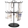 MyGift 2 Tier Black Metal Rotating Necklace and Bracelet Organizer Jewelry Stand with 24 Hooks, Multipurpose Accessory and Keychain Spinning Display Rack with Top Handle Card Holder