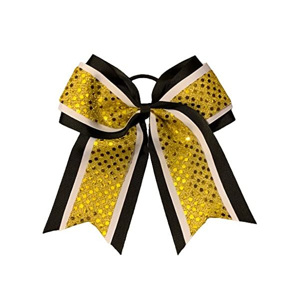 New "CONFETTI DOTS Black Yellow Gold" Cheer Bow Pony Tail 7 Inch Girls Hair Bows Cheerleading Dance Practice Football Games Competition Birthday Grosgrain Ribbon