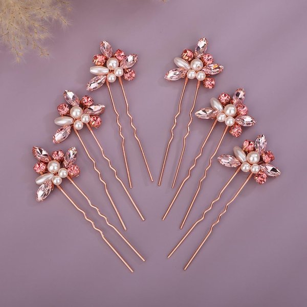 Rumtock 6pcs Pink Crystal Hair Pins Set for Women Girls Wedding Bridal Hair Styling Jewelry Handmade Hair Piece (Pink)