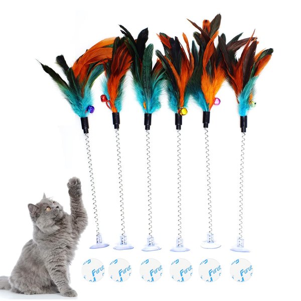 IUHKBH Cat Feather Wands, 6 PCS Spring Cat Wands with Bell Sucker Interactive Cat Teaser Wands for Cat and Kitten