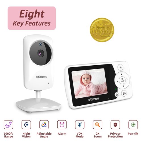 VTimes Video Baby Monitor with Camera and Audio No WiFi 2.4" Screen, Portable Baby Camera, Baby Camera Monitor Night Vision, 1000ft Range, 2X Zoom, Ideal for Baby Elderly Pet (NO Charging Plug)