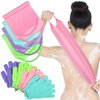 Exfoliating Back Scrubber with Handles Set of 8 Shower Bath Gloves 4 Pairs Scrub for Women Men Children Skin, Stretchable Pull Strap Washcloth, Pink, Purple, Blue, Green