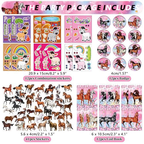 113 PCS Pink Horse Party Favors Set, 41 Horse Stickers, 12 Goodie Bags,12 Button Badges, 12 Keychains, 12mini notepads,12 rubber bracelets for Girl Women Cowgirl Horse Birthday Party Supplies (Pink)