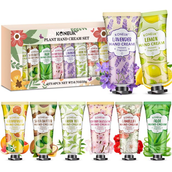 KONEUK 8 Pack Hand Cream Gifts Set For Women, Bulk Hand Lotion Travel Size for Dry Cracked Hands, Gifts for Women, Mini Hand Cream for Baby Shower Party Favors and Bridal Shower Gifts