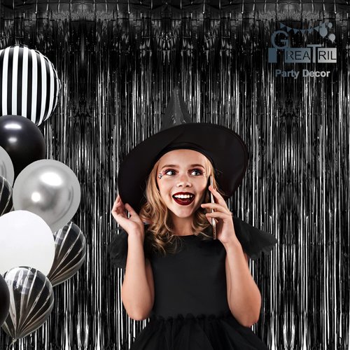 Black Tinsel Backdrop Curtain - GREATRIL Tinsel Curtain Party Backdrop Streamers for Wizard Birthdays/Stranger Theme/Doorway/Halloween Decorations Party - 2 Packs