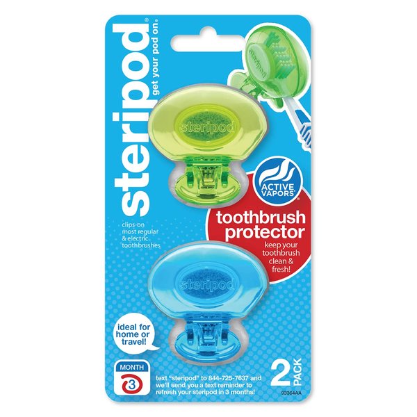 Steripod Clip-On Toothbrush Protector, Green and Blue, 2 Count