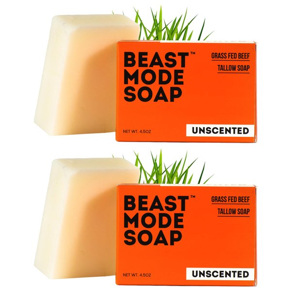 Beast Mode Soap for Men, Unscented, 2-Bar Pack – Minimal-Ingredient Grass-Fed Tallow + Water Bar Soap, Sensitive-Skin Safe, Handcrafted in USA