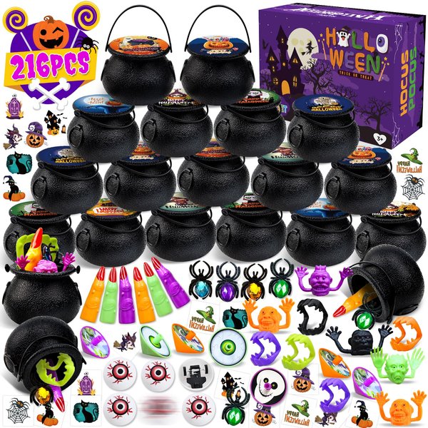 216PCS Halloween Party Favors 24 Pack Prefilled Small Plastic Witch Cauldron Halloween Toys Bulk Halloween Goodie Bag Fillers Halloween Miniatures Classroom Favors Trick or Treat Toy Halloween Prizes