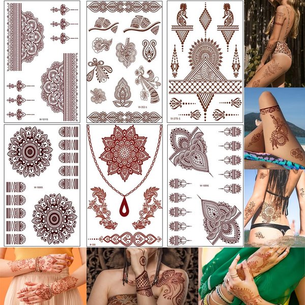 6 Sheets Henna Temporary Tattoo Stickers, Waterproof Lace Pattern Tattoos Mystery Flower Body Art Henna Sticker for Women Girls DIY Body Face Arms Legs (#2-6pcs)