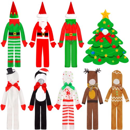 Suhine 9 Pcs Christmas Elf Doll Clothes Bulk Felt Elf Clothes Christmas Elf Accessories Set Elk Christmas Tree Snowman Snowflake Elf Clothing for Xmas Elf Doll Decor(9 Pcs,Stylish)