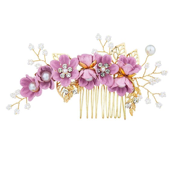 Wedding Hair Combs, Crystal Flwoer Hair Clips Bride Bridesmaid Hair Sides Comb Rhinestone Barrettes, Pearl Flower Hair Pins Hair Accessories for Women Girls (Purple)