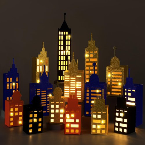 Kolldenn 15 Pcs Hero Party Favor Boxes Skyscraper 3D City Box Skyline Buildings Heroes Candy Goodies Boxes Hero Theme Centerpiece Decorations Birthday Party Supplies(Classic Color)