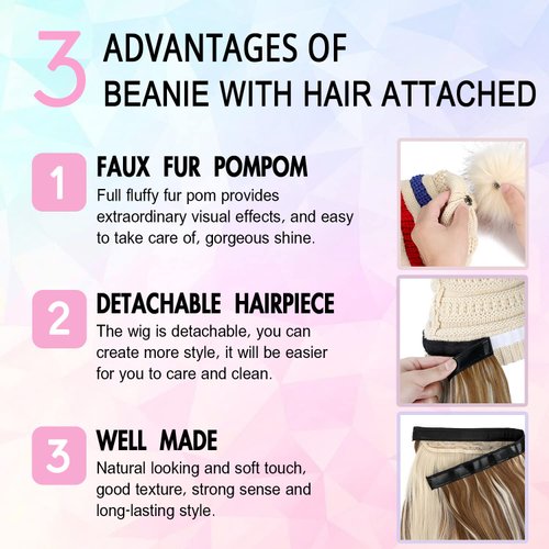 AynnQueen Beanie with Hair Attached for Women Slouchy Cable Hat Wig Knit Beanie Winter Stripe Hat with 20inch Removable Hair Extensions Wig (Ash Blonde - Stripe Hat)