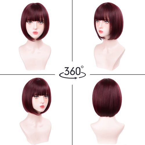 Aida ble Bob Wigs with Bangs Burgundy Wig for Women Wine Red Wig Short Straight Wig Heat Resistant Fiber Synthetic Wig Halloween Cosplay 99J Colorful Wigs Party Wig…